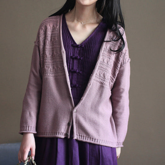 Pink Cotton Sweater Cardigans Long Sleeve Baggy V Neck Knit Short Cardigan Outwear