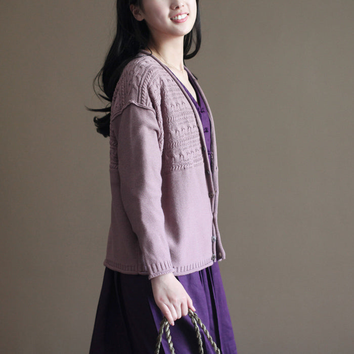 Pink Cotton Sweater Cardigans Long Sleeve Baggy V Neck Knit Short Cardigan Outwear