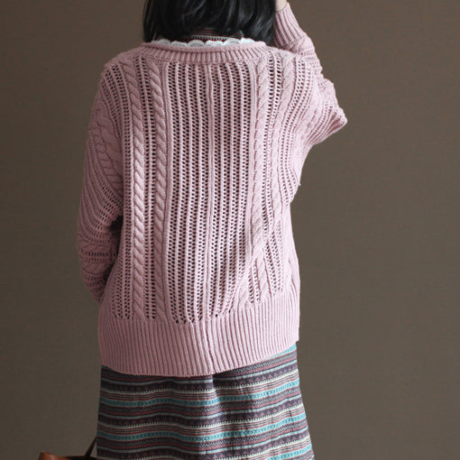Pink Cotton Sweater Tops Loose Lace Chunky Knit Cardigans