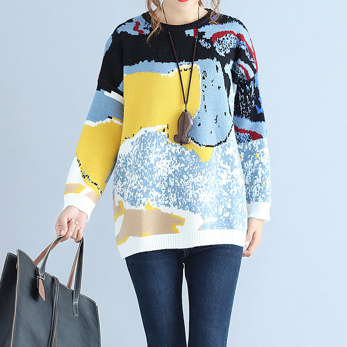 Blue Print Woolen Knit Tops O Neck Warm Sweater