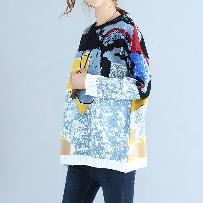 Blue Print Woolen Knit Tops O Neck Warm Sweater