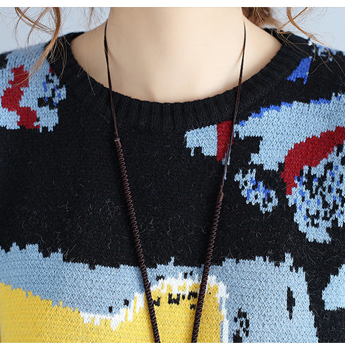 Blue Print Woolen Knit Tops O Neck Warm Sweater