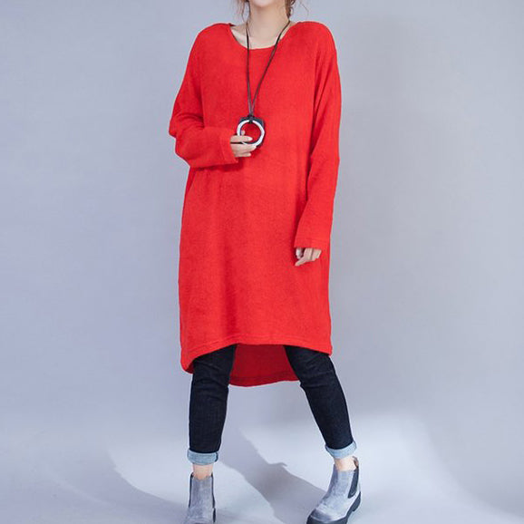 Woolen Dresses Red Low High Sweater Dress