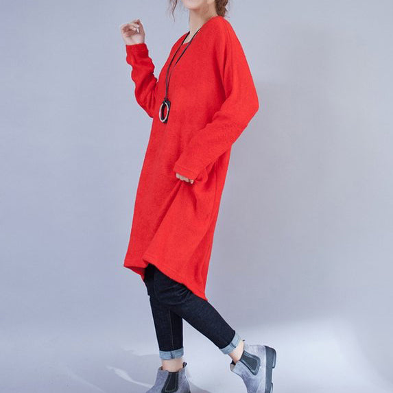 Woolen Dresses Red Low High Sweater Dress