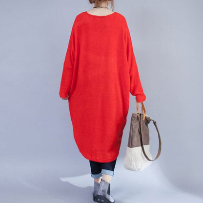 Woolen Dresses Red Low High Sweater Dress