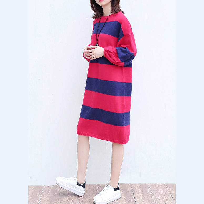 Woolen Knit Dresses Red Blue Striped Patchwork Oversize Ling Sleeve Sweater Dress