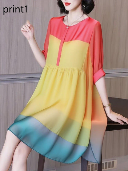 Ruffled Print3 Button Side Open Linen Vacation Dresses Half Sleeve
