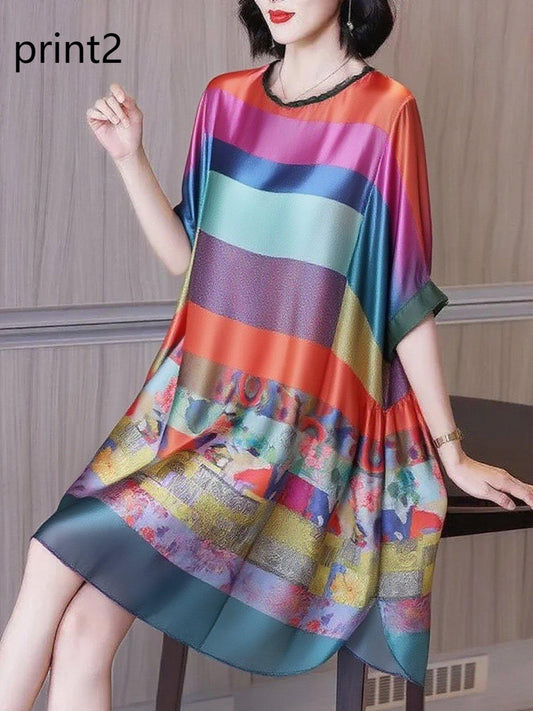 Ruffled Print2 Button Side Open Linen Vacation Dresses Half Sleeve