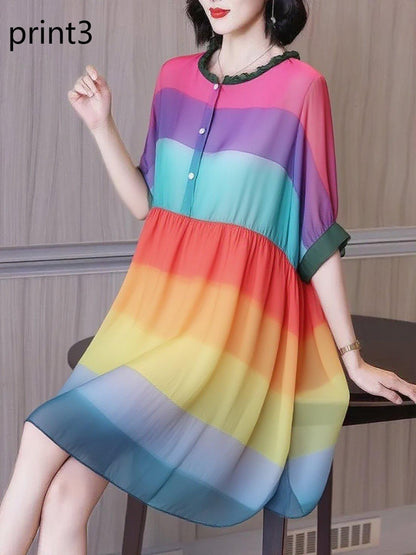 Ruffled Print3 Button Side Open Linen Vacation Dresses Half Sleeve