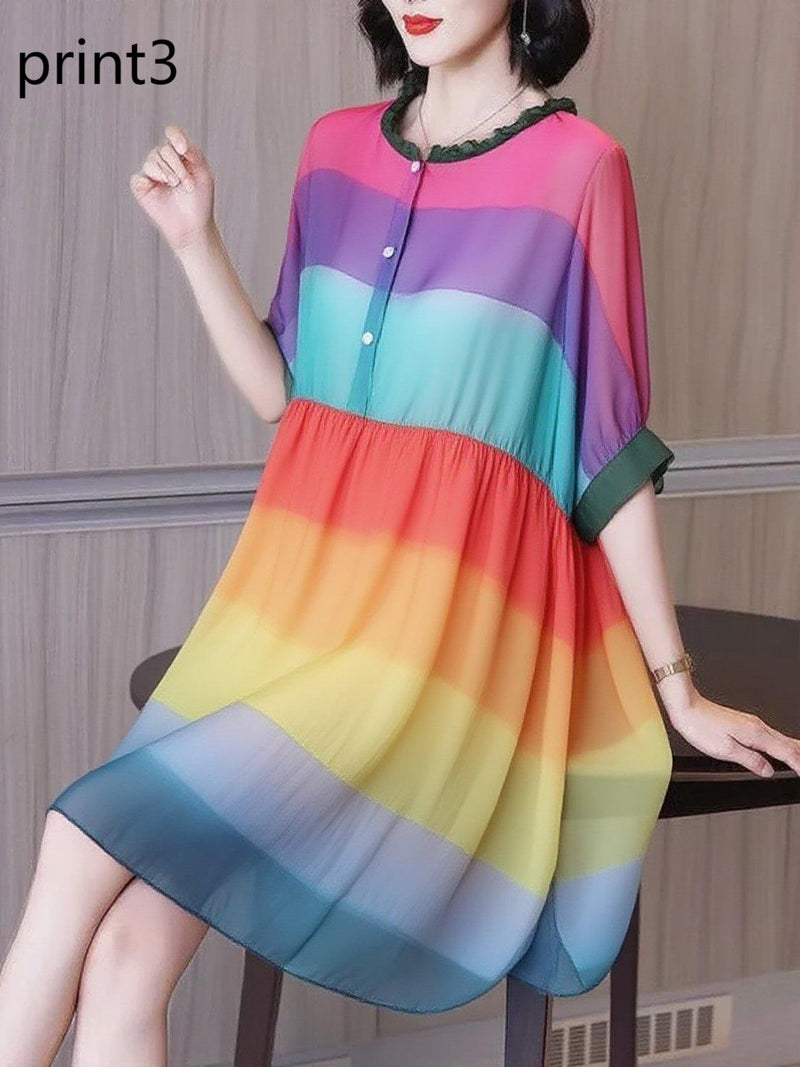 Ruffled Print1 Button Side Open Linen Vacation Dresses Half Sleeve