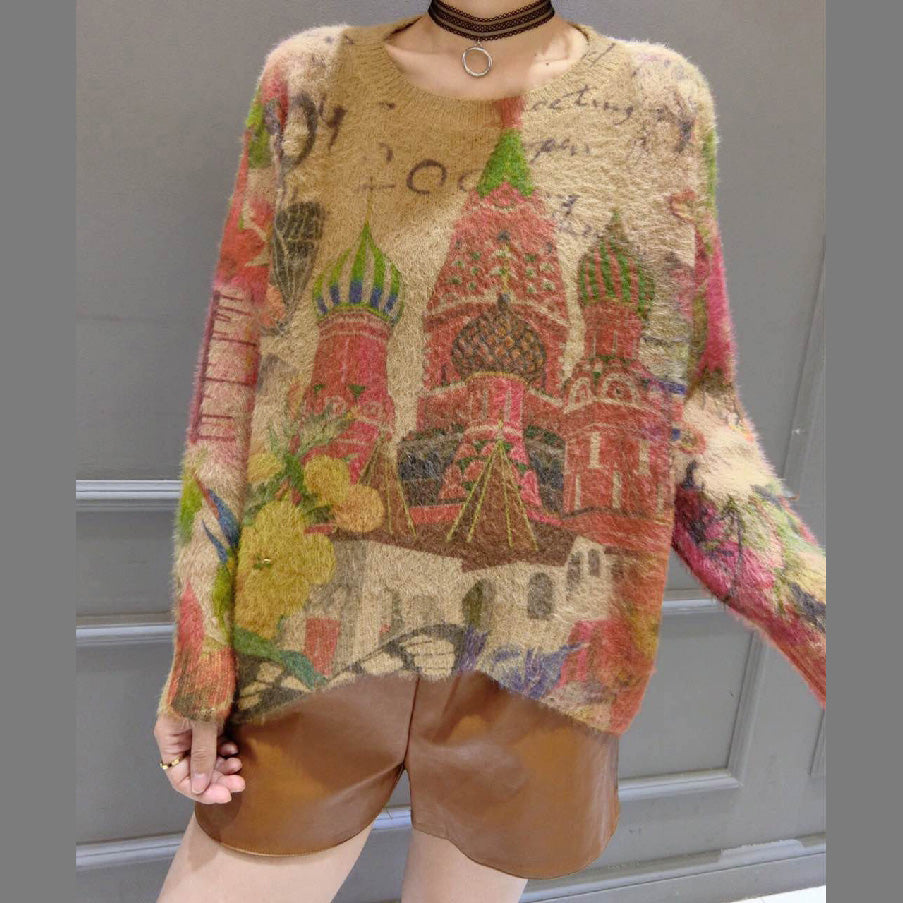 Prints Wild Cotton Knit Tops O Neck Unique Sweater Pullover
