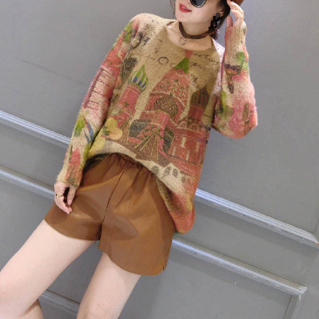 Prints Wild Cotton Knit Tops O Neck Unique Sweater Pullover