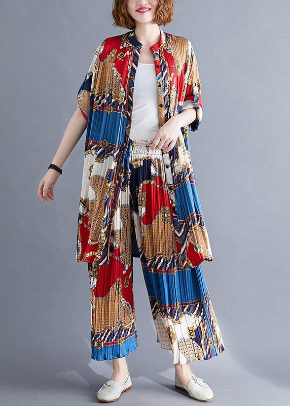 Red Blue Prints Chiffon Two Pieces Stand Collar Shirt With Cinched Wide Leg Pants