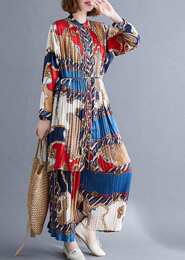 Red Blue Prints Chiffon Two Pieces Stand Collar Shirt With Cinched Wide Leg Pants