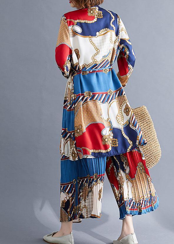 Red Blue Prints Chiffon Two Pieces Stand Collar Shirt With Cinched Wide Leg Pants