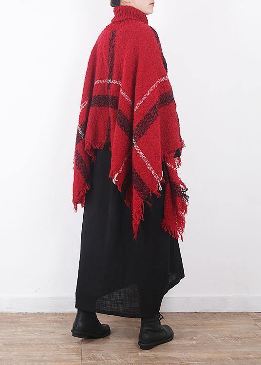 Red Plaid Tassel Cloak High Neck Knit Sweater