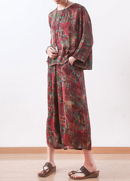Red Prints Silk Two Pieces Long Sleeve Tops and Elastic Waist Wide Leg Pants