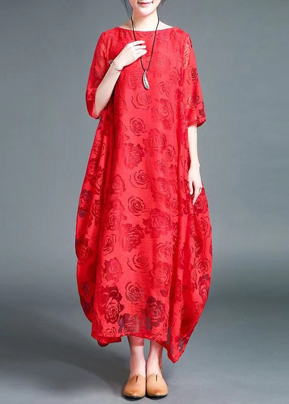 Red Lace Vacation Dress Hollow Out Asymmetrical Bracelet Sleeve