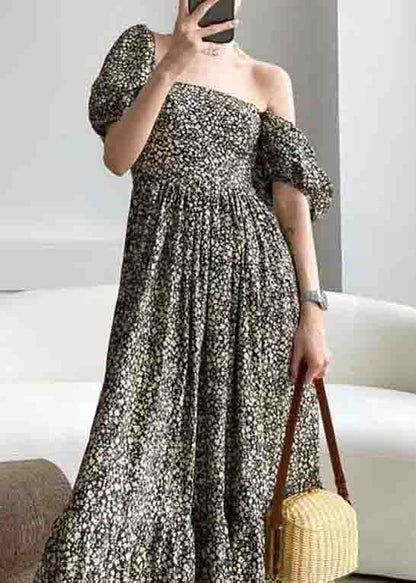 Rt Print Square Collar Wrinkled Patchwork Cotton Long Dresses Puff Sleeve