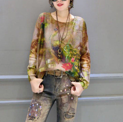 Fit Gold Phoenix Print Cotton Knit Tops Oversize Asymmetric Sweater