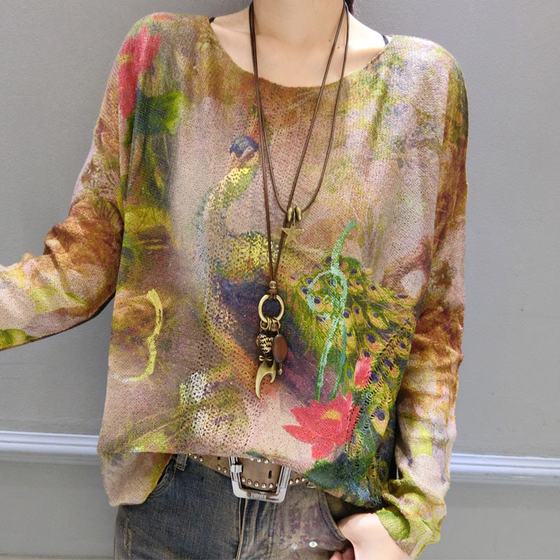 Fit Gold Phoenix Print Cotton Knit Tops Oversize Asymmetric Sweater