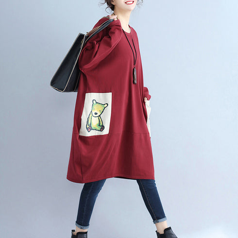 Cotton Pockets Prints Burgundy Dresses Oversize O Neck Mid Dress