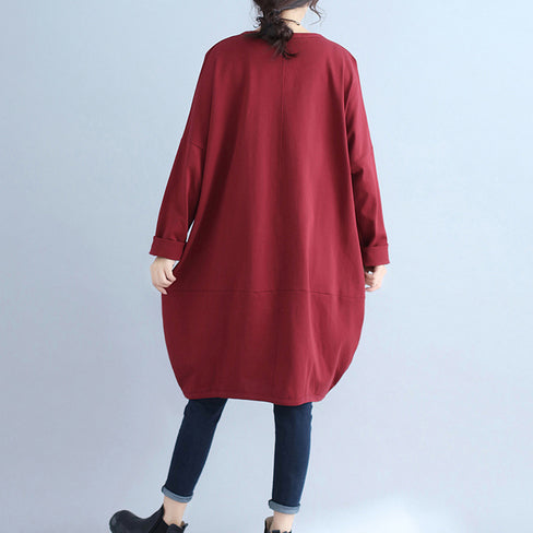 Cotton Pockets Prints Burgundy Dresses Oversize O Neck Mid Dress