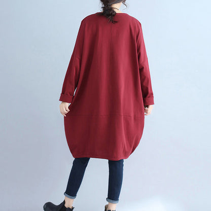 Cotton Pockets Prints Burgundy Dresses Oversize O Neck Mid Dress