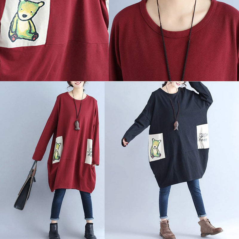 Cotton Pockets Prints Burgundy Dresses Oversize O Neck Mid Dress