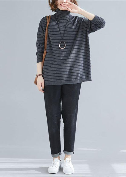Spring Gray Striped Knit Blouse High Neck Spring Knitwear