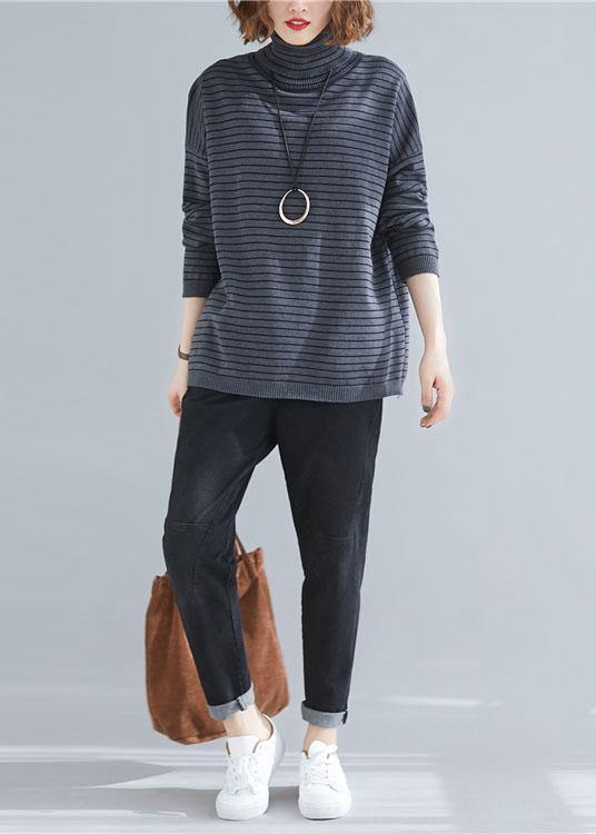 Spring Gray Striped Knit Blouse High Neck Spring Knitwear