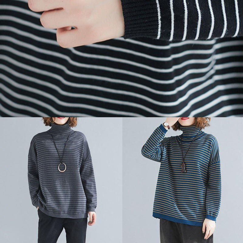 Spring Gray Striped Knit Blouse High Neck Spring Knitwear