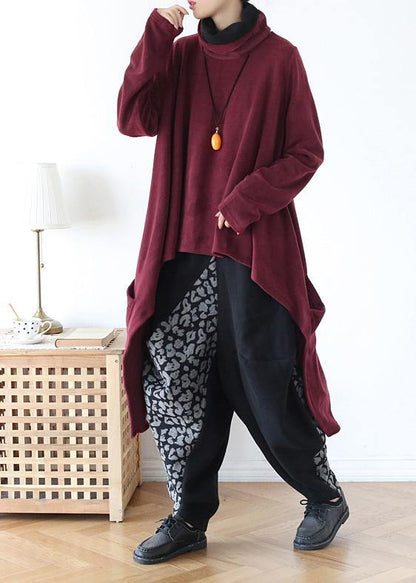 Spring High Neck Red Knit Sweat Tops Clothing Asymmetric Hem Knit Blouse