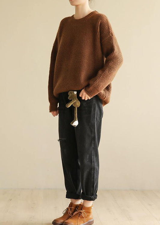 Spring O Neck Brown Sweaters Long Sleeve Crane Tops