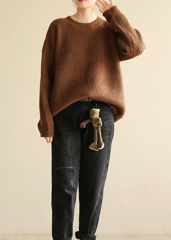 Spring O Neck Brown Sweaters Long Sleeve Crane Tops