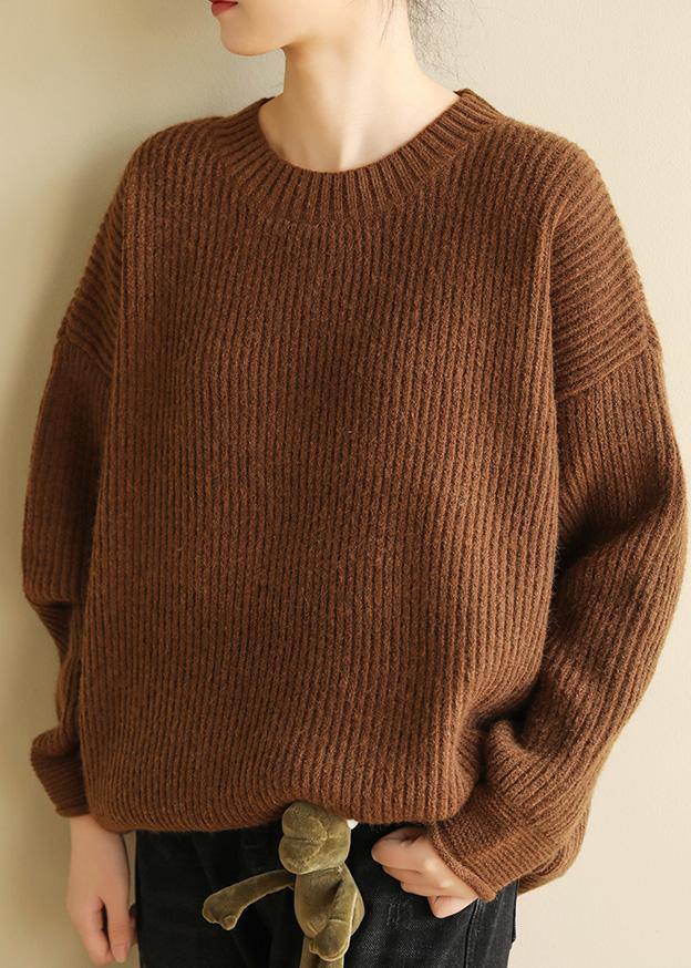 Spring O Neck Brown Sweaters Long Sleeve Crane Tops