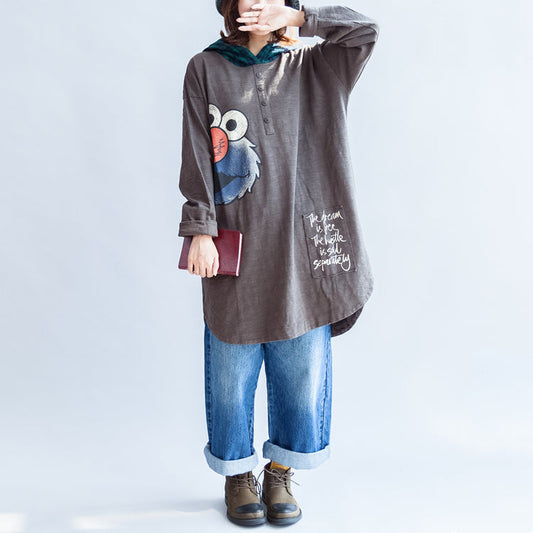 Stylish Big Bird Prints Gray Knit Cotton Tops Grid Hooded T Shirt