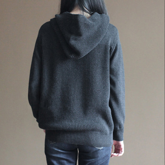 Stylish Black Gray Knit Sweaters Plussize Knit Sweat Tops Fine Blouse Hooded