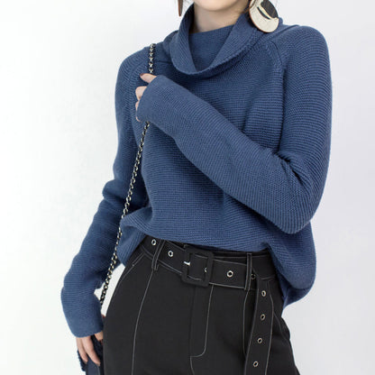 Stylish Blue Cozy Sweater Loose Fitting High Neck Knit Sweat Tops Blouse