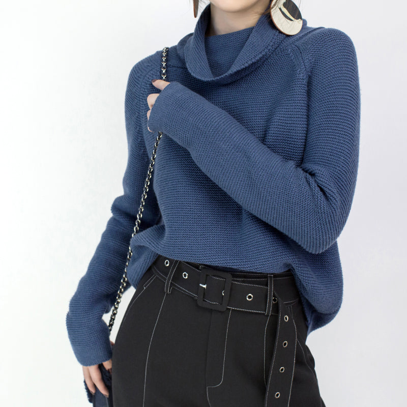 Stylish Blue Cozy Sweater Loose Fitting High Neck Knit Sweat Tops Blouse