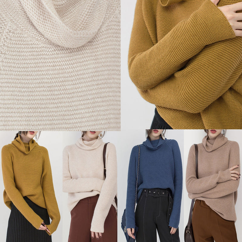 Stylish Blue Cozy Sweater Loose Fitting High Neck Knit Sweat Tops Blouse