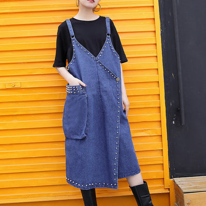 Stylish Denim Blue Midi-length Cotton Dress Loose Fitting Cotton Maxi Dress Fine Rivet Decorated Sleeveless Knee Dresses