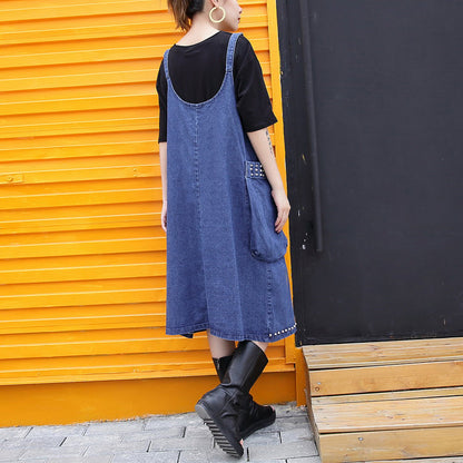 Stylish Denim Blue Midi-length Cotton Dress Loose Fitting Cotton Maxi Dress Fine Rivet Decorated Sleeveless Knee Dresses