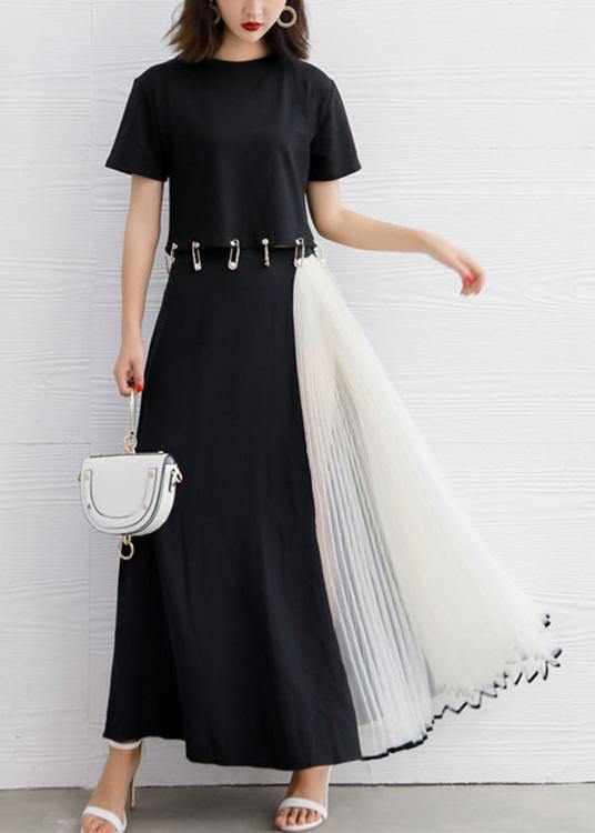 Summer Black Chiffon Maxi Skirts Patchwork Nets Yarn Beach Skirts