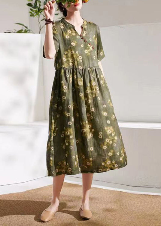 Talian Green Print Wrinkled Patchwork Linen Dress Summer