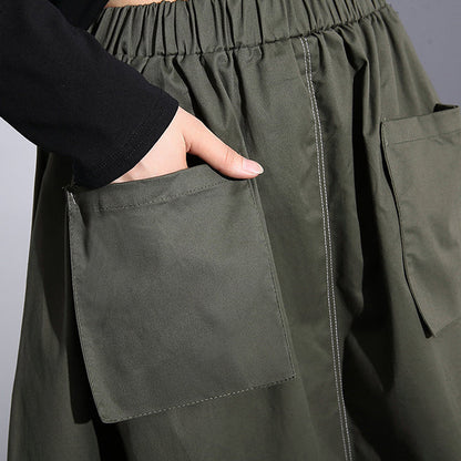Fine Army Green Natural Cotton Skirt Oversize a Line Skirts Traveling Boutique Pockets Drawstring Cotton Skirt