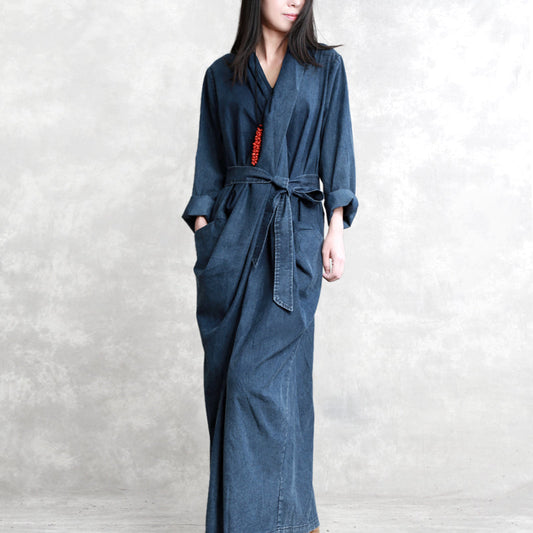 Fine Denim Blue Fall Dress V Neck Tie Waist Traveling Dress Long Sleeve Back Side Open Long Dresses