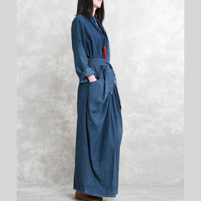 Fine Denim Blue Fall Dress V Neck Tie Waist Traveling Dress Long Sleeve Back Side Open Long Dresses