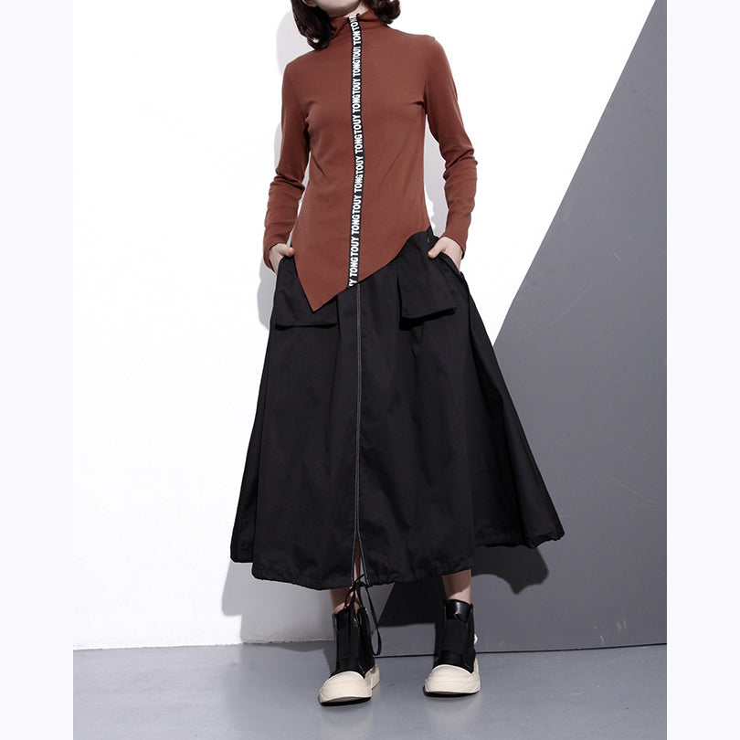 Black Cotton Oversize a Line Skirts Fine Pockets Drawstring Skir