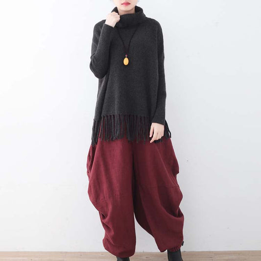 Blackish Green Cozy Sweater Fall Tassel Knit Sweat Tops High Neck Shirt